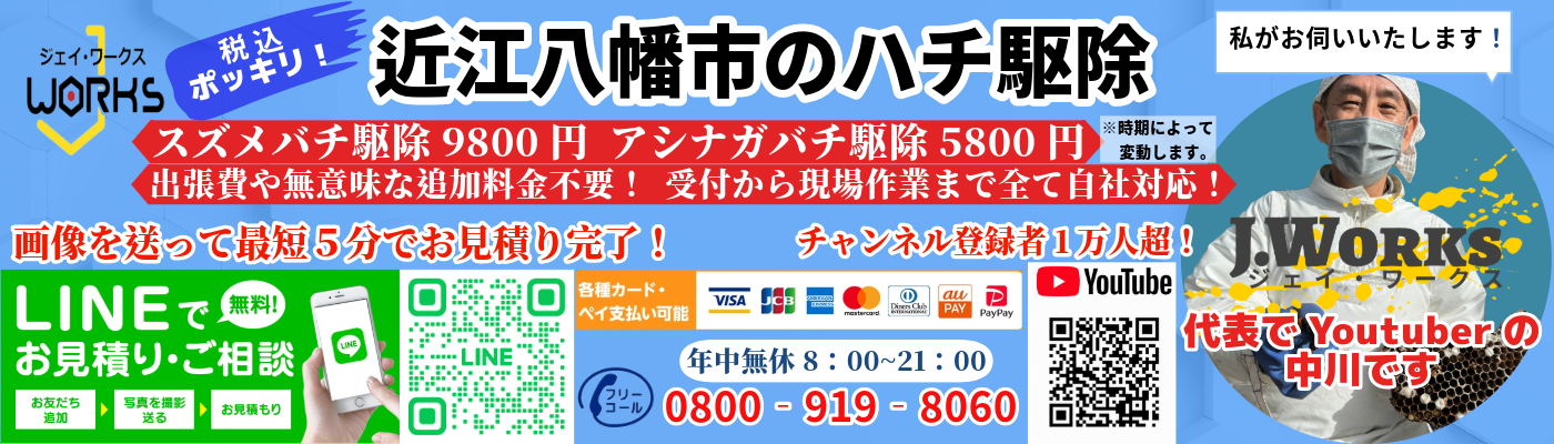 近江八幡市のハチ駆除は地元業者のジェイ・ワークスへ!スズメバチ9800円税込ポッキリ!【LINE無料見積】【クレカ・Paypay対応】【即日対応可】